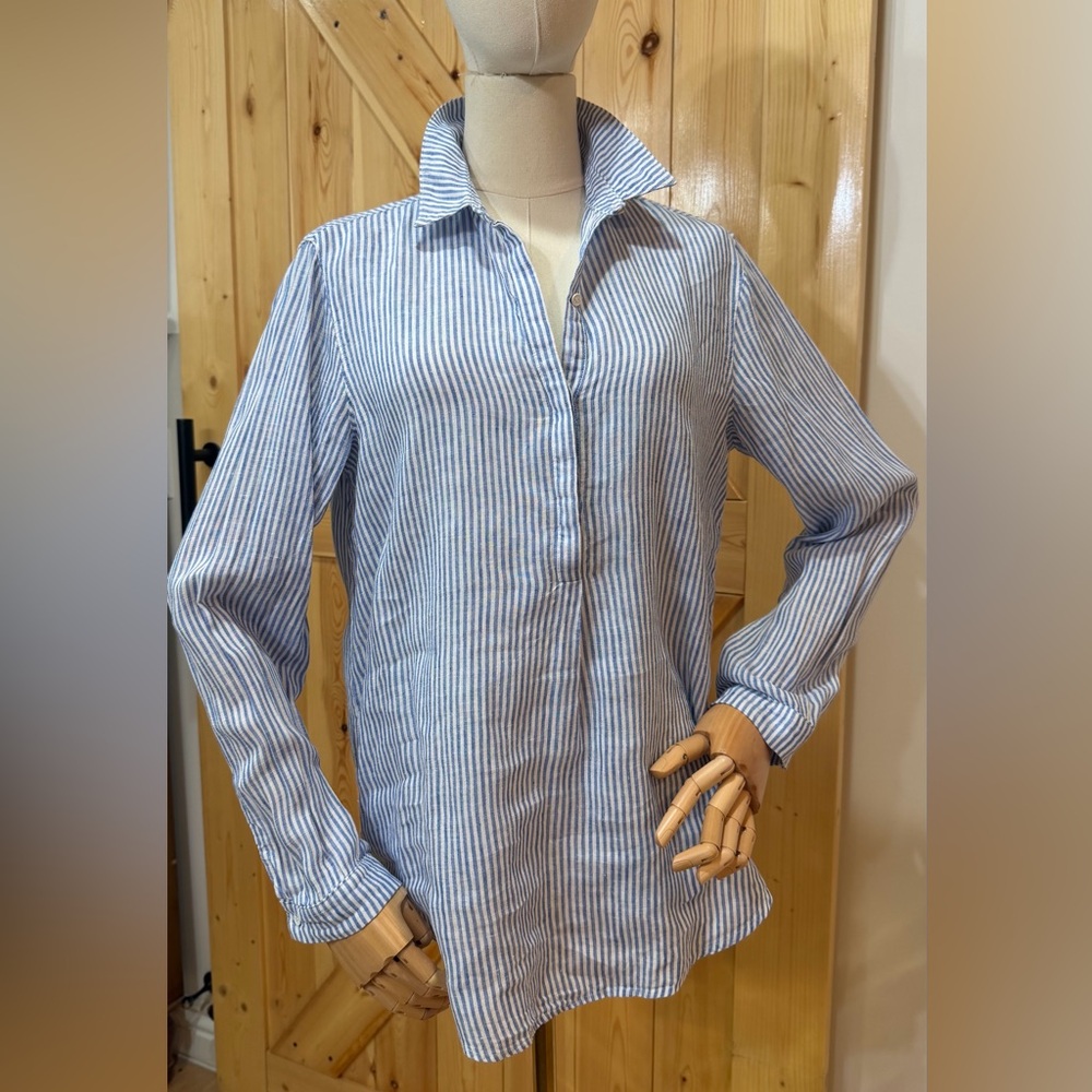 AYR Blue and White Linen Striped Button-Front Blouse